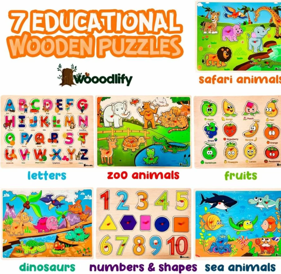 WOOODLIFY 7-Piece Wooden Puzzle Set for Toddlers Ages 2-5 - Alphabet, Numbers, Shapes, Animals & Fruits Learning Toys - Chunky Peg Puzzles for Early Childhood Education