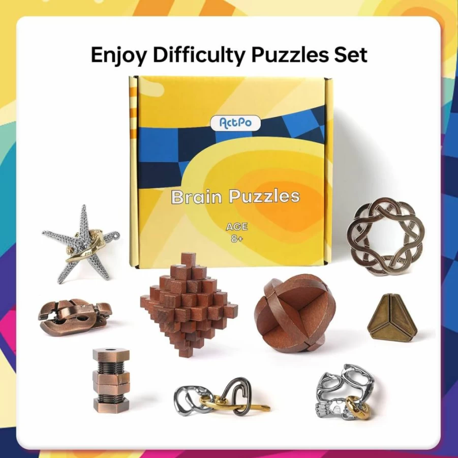 ActPo 9-Piece Retro Wooden & Metal Puzzle Set - Brain Teaser Games for Kids, Teens, Adults - Interlocking Logic Toys Bulk Gift