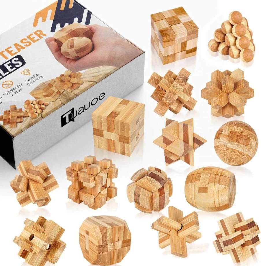Tuauoe 15Pcs 3D Wooden Brain Teaser Puzzle Set for Adults & Kids - Logic Mind Games, IQ Challenge Toys, Unique Puzzle Box Lock Gift for Teens