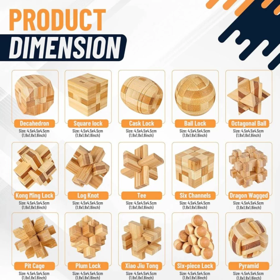 Tuauoe 15Pcs 3D Wooden Brain Teaser Puzzle Set for Adults & Kids - Logic Mind Games, IQ Challenge Toys, Unique Puzzle Box Lock Gift for Teens