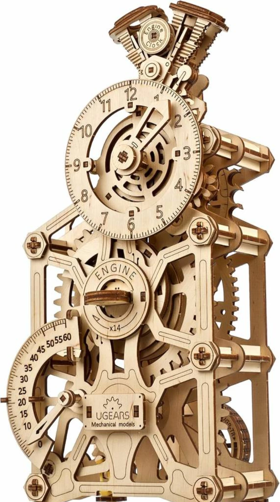 UGEARS 3D Wooden Engine Clock Kit - 265-Piece Mechanical DIY Puzzle with Moving Pistons, Functional Table Clock for Adults