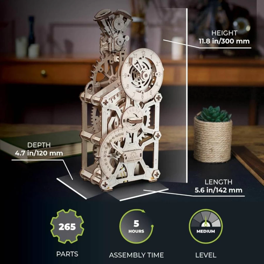 UGEARS 3D Wooden Engine Clock Kit - 265-Piece Mechanical DIY Puzzle with Moving Pistons, Functional Table Clock for Adults