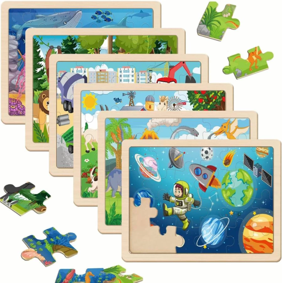 VIJYYZT 6-Pack Wooden Jigsaw Puzzles for Kids Ages 3-6, 24-Piece Preschool Learning Toys, Educational Brain Teaser Games for Boys & Girls, Ideal Gift for 3 4 5 Year Olds