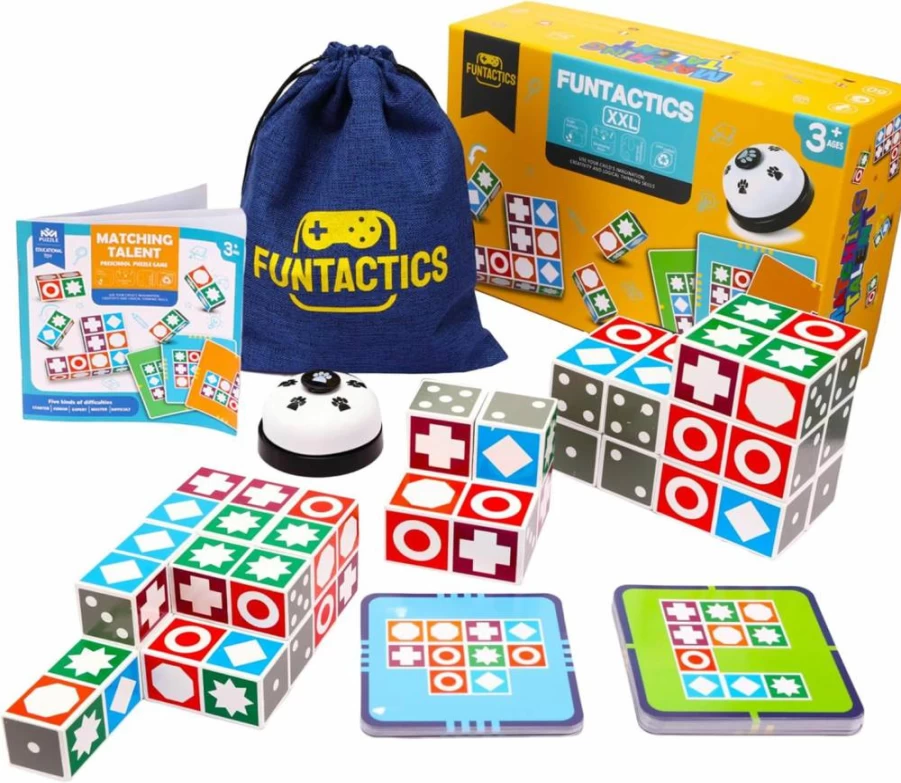 BWMB GROUP Wooden Pattern Block Matching Puzzle Game for Kids & Adults - Family Board Game with Building Cubes & Bell, Fun for 5 Players, Holiday & Night Entertainment