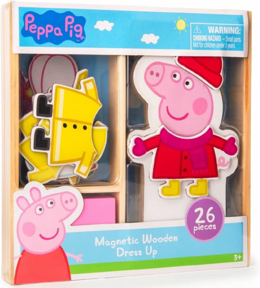 TCG Toys Peppa Pig Magnetic Wooden Dress-Up Doll Set - 26-Piece Mix & Match Playset with Storage Box, Creative Pretend Play for Kids Ages 3+