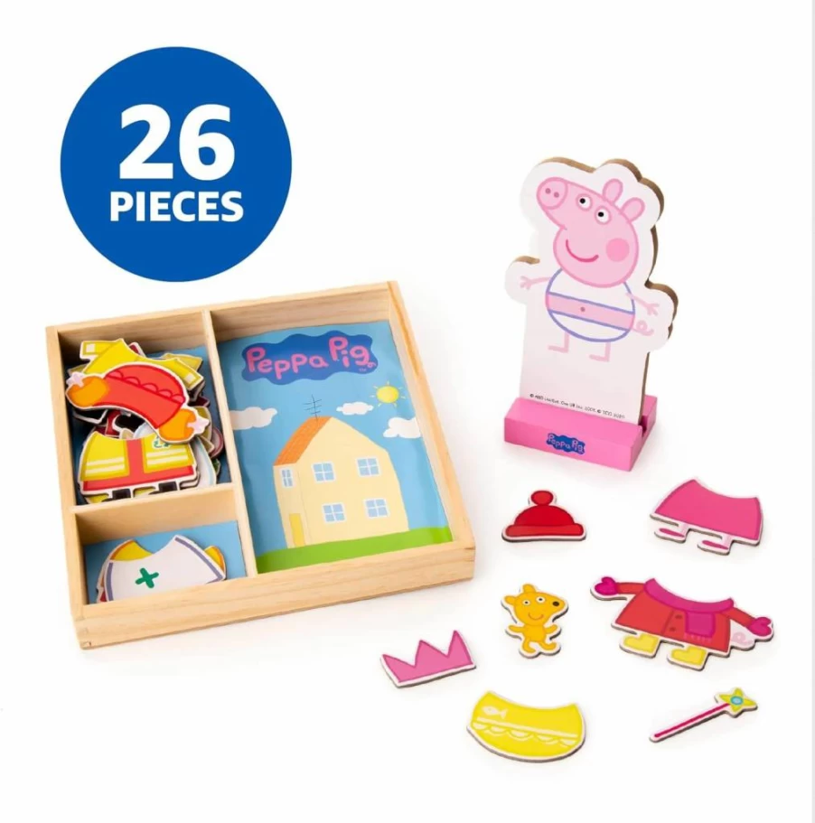 TCG Toys Peppa Pig Magnetic Wooden Dress-Up Doll Set - 26-Piece Mix & Match Playset with Storage Box, Creative Pretend Play for Kids Ages 3+