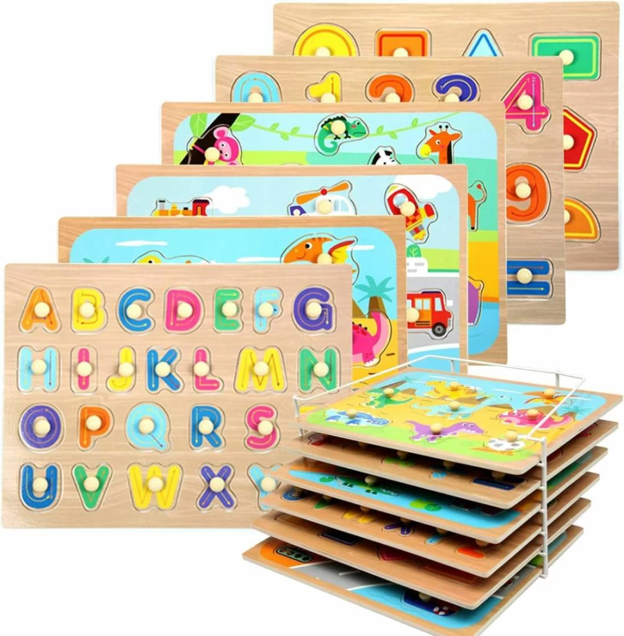 WOOD CITY Wooden Toddler Puzzles Set with Storage Rack - Alphabet, Number, Shape, Dinosaur, Animal, Vehicle Knob Puzzles for Kids Ages 2-4 Years