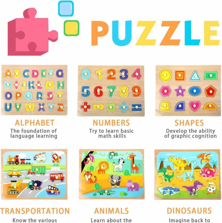 WOOD CITY Wooden Toddler Puzzles Set with Storage Rack - Alphabet, Number, Shape, Dinosaur, Animal, Vehicle Knob Puzzles for Kids Ages 2-4 Years