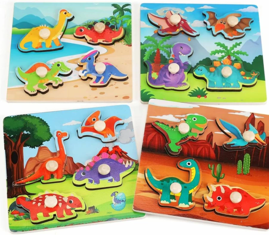 Slotic Wooden Peg Puzzles for Toddlers 1-3 - Educational Preschool Toy Set of 4 (Farm, Dinosaur, Fruit, Marine Animals) - Ideal Gift for Boys & Girls Ages 1, 2, 3