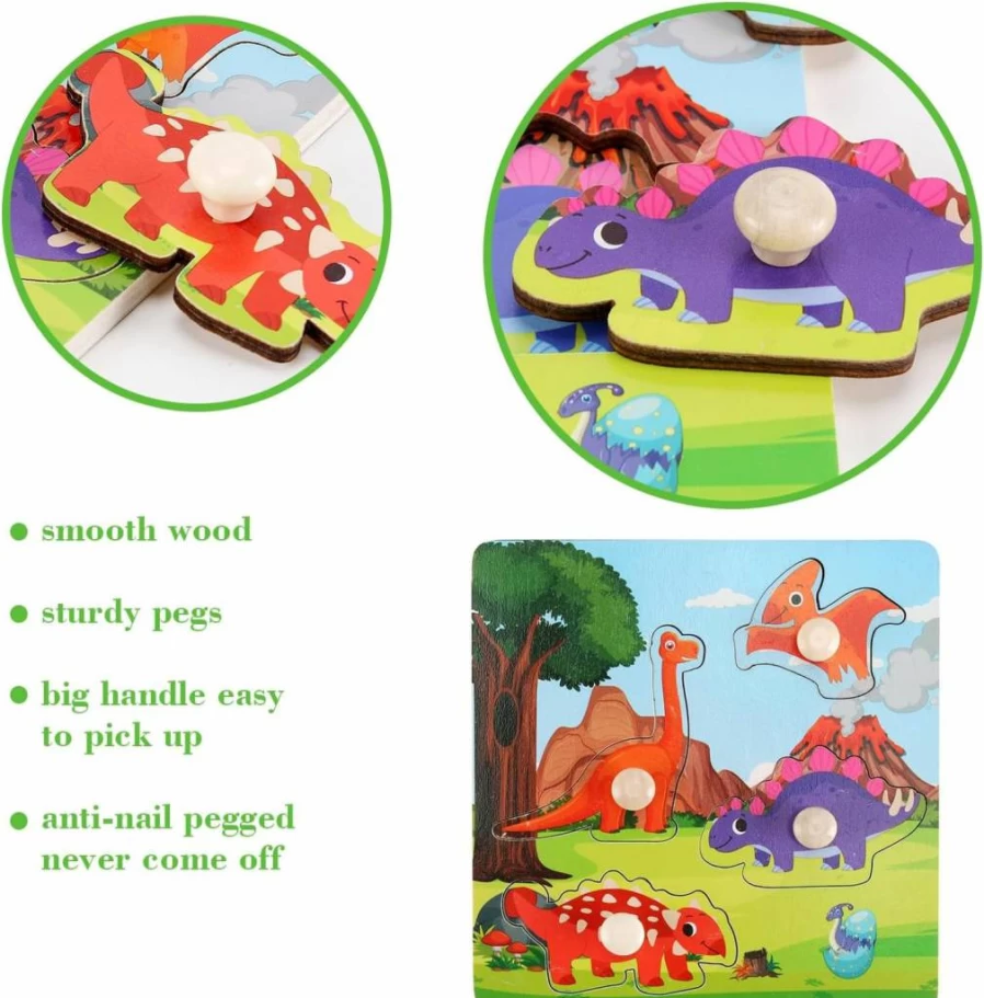 Slotic Wooden Peg Puzzles for Toddlers 1-3 - Educational Preschool Toy Set of 4 (Farm, Dinosaur, Fruit, Marine Animals) - Ideal Gift for Boys & Girls Ages 1, 2, 3