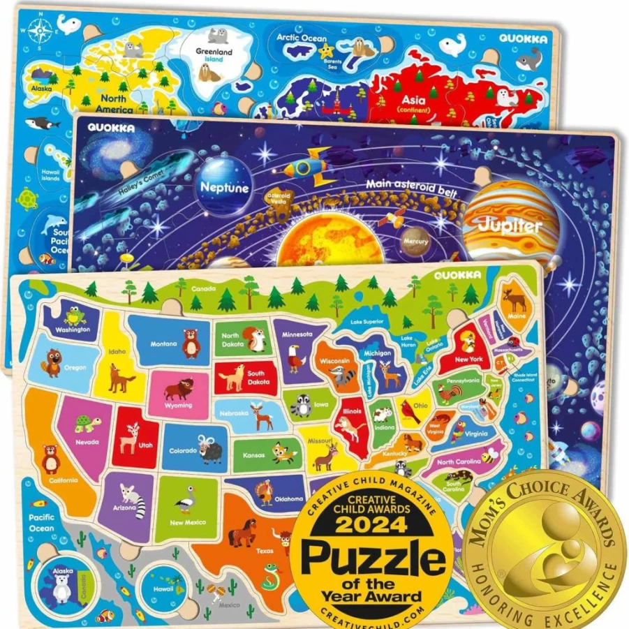 QUOKKA 3-in-1 USA Map Puzzle Set for Kids Ages 3-6 - Educational Award-Winning Toys for Toddlers & Preschoolers - Learning Games for Boys & Girls 4-8 Years Old