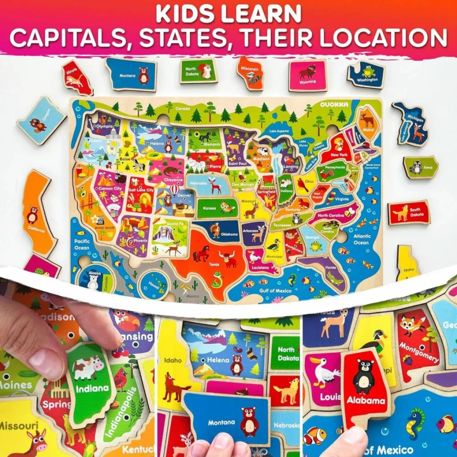 QUOKKA 3-in-1 USA Map Puzzle Set for Kids Ages 3-6 - Educational Award-Winning Toys for Toddlers & Preschoolers - Learning Games for Boys & Girls 4-8 Years Old