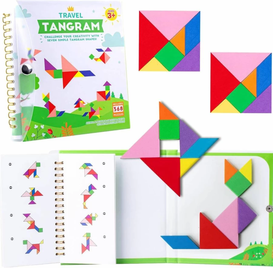 Helsort Magnetic Travel Tangram Puzzle Book - 2-in-1 STEM Jigsaw Game with 120 Patterns, Brain Teaser IQ Toy for Kids & Adults, Educational Gift for Road Trips (368 Pieces)