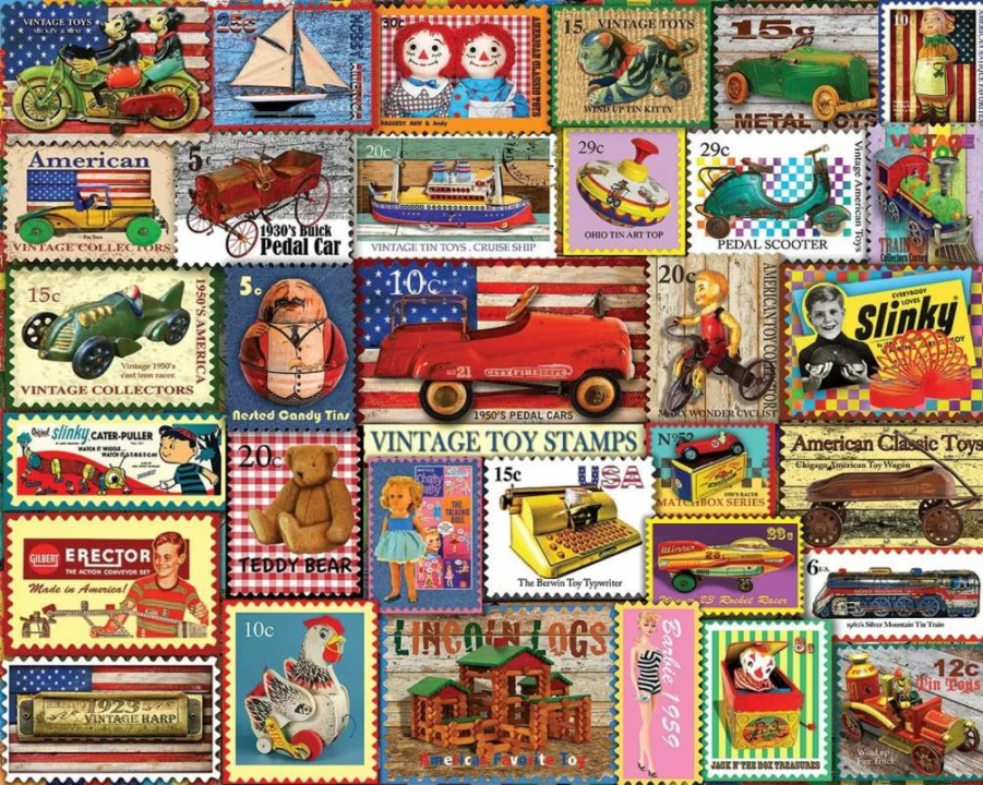 White Mountain Vintage Toy Stamps 1000-Piece Jigsaw Puzzle for Adults - Fun Collage Puzzle for Summer, Family & Game Night