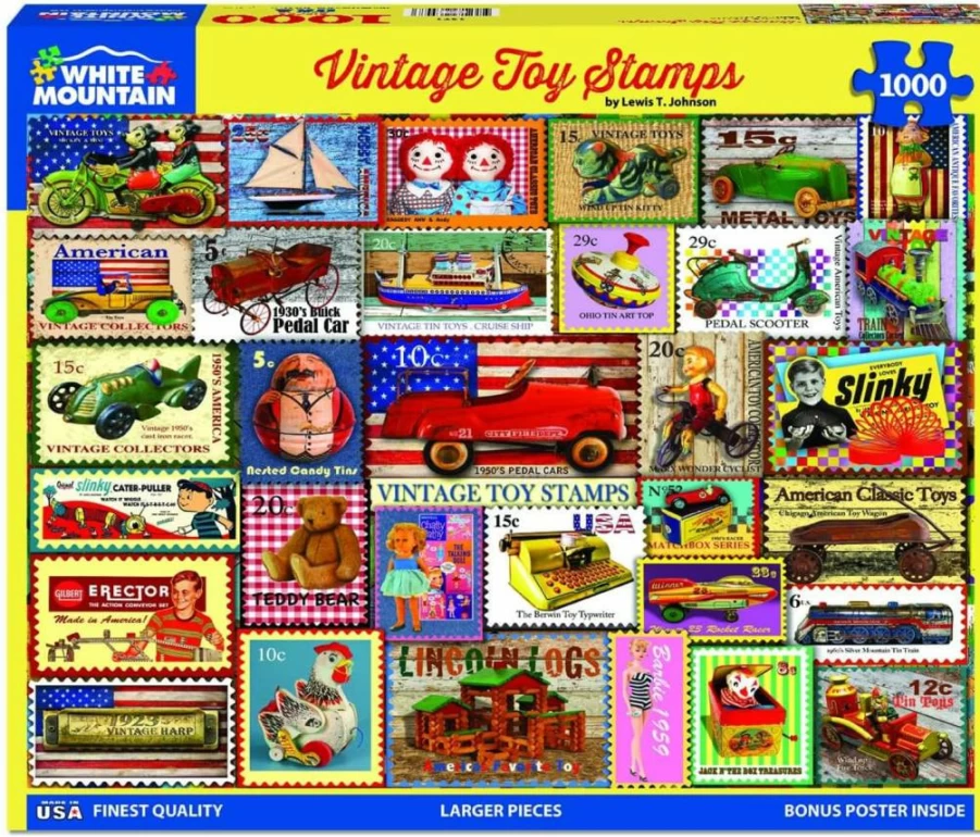 White Mountain Vintage Toy Stamps 1000-Piece Jigsaw Puzzle for Adults - Fun Collage Puzzle for Summer, Family & Game Night