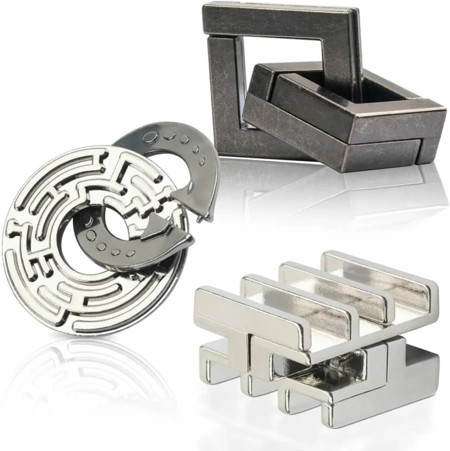 GVKES 4PCS 3D Metal Puzzle Brain Teaser for Adults & Teens - IQ Logic Challenge Educational Toy with Storage Case & Guide - Fun Mind Travel Game Gift