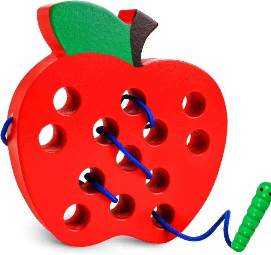 Skrtuan Wooden Lacing Toys for Toddlers - Montessori Threading Puzzle with Strawberry Design, Fine Motor Skills Activity, Educational Travel Game for Kids Ages 3 4 5, Ideal Gift for Boys & Girls