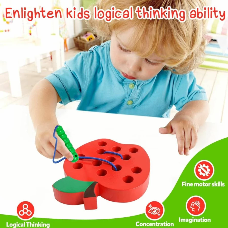 Skrtuan Wooden Lacing Toys for Toddlers - Montessori Threading Puzzle with Strawberry Design, Fine Motor Skills Activity, Educational Travel Game for Kids Ages 3 4 5, Ideal Gift for Boys & Girls