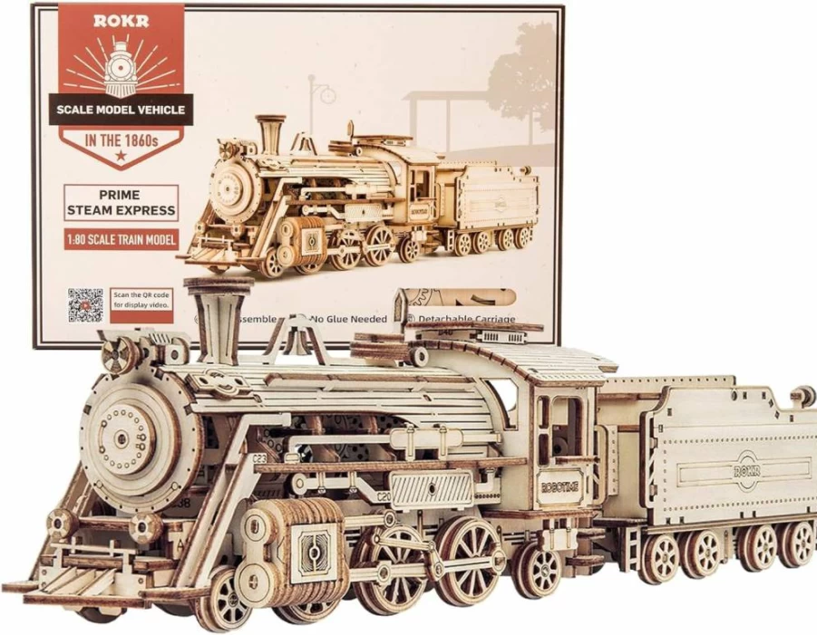 ROKR 3D Wooden Puzzle Steam Train Model - DIY Mechanical Car Building Kit for Adults, Teens & Kids - Creative Brain Teaser Gift for Birthday, Christmas