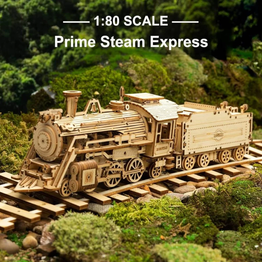 ROKR 3D Wooden Puzzle Steam Train Model - DIY Mechanical Car Building Kit for Adults, Teens & Kids - Creative Brain Teaser Gift for Birthday, Christmas