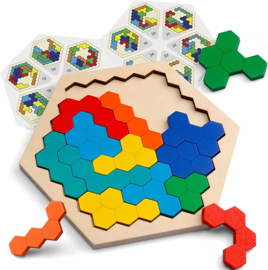 Coogam Wooden Hexagon Puzzle - Tangram Brain Teaser Game for Kids & Adults, STEM Montessori Learning Toy, Geometry Logic IQ Challenge, Educational Gift for All Ages