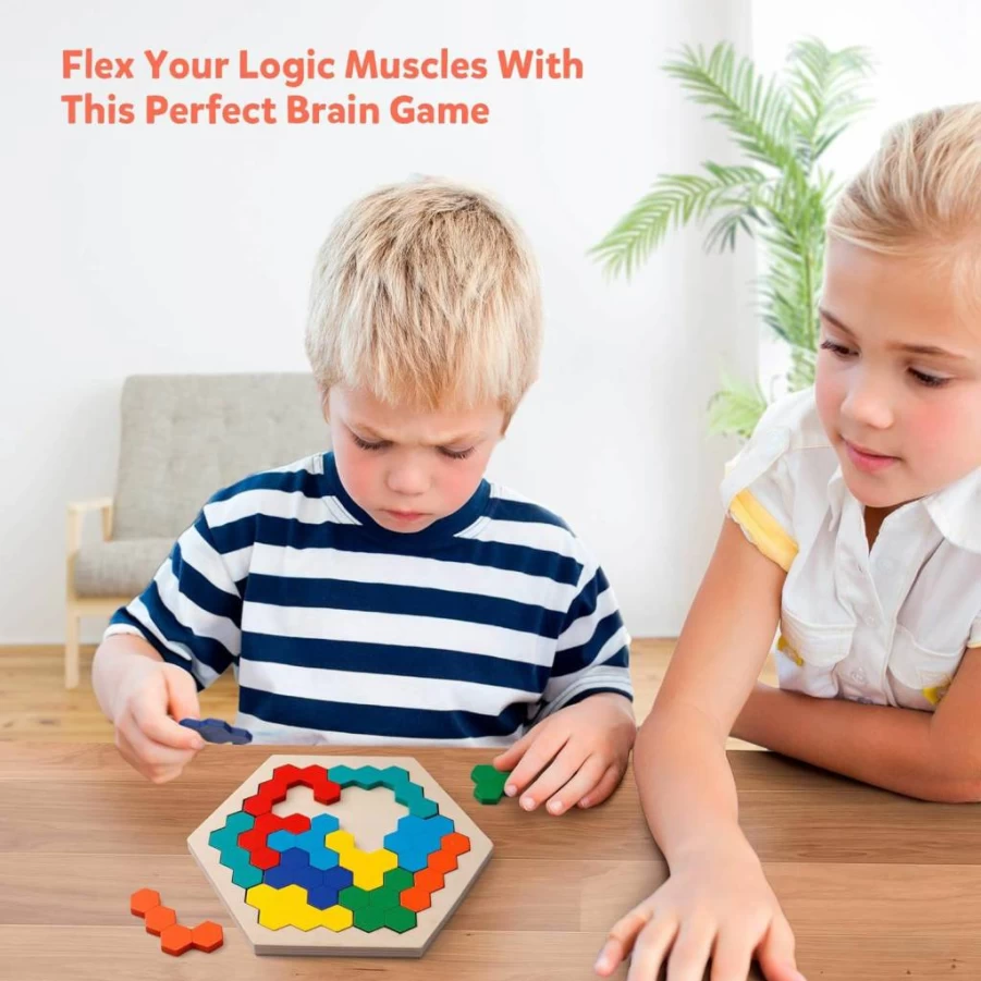 Coogam Wooden Hexagon Puzzle - Tangram Brain Teaser Game for Kids & Adults, STEM Montessori Learning Toy, Geometry Logic IQ Challenge, Educational Gift for All Ages