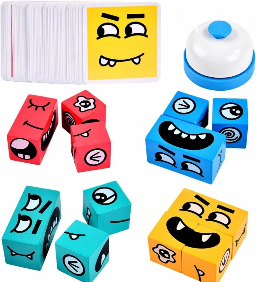 Varbertos Wooden Expression Puzzle Cube - Educational Face Changing Magic Toy for Kids & Adults, Pattern Matching Brain Teaser Game with Bell