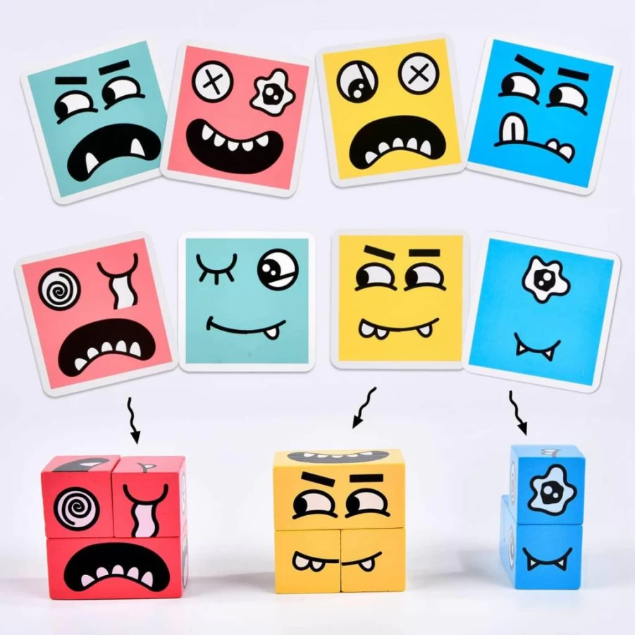 Varbertos Wooden Expression Puzzle Cube - Educational Face Changing Magic Toy for Kids & Adults, Pattern Matching Brain Teaser Game with Bell