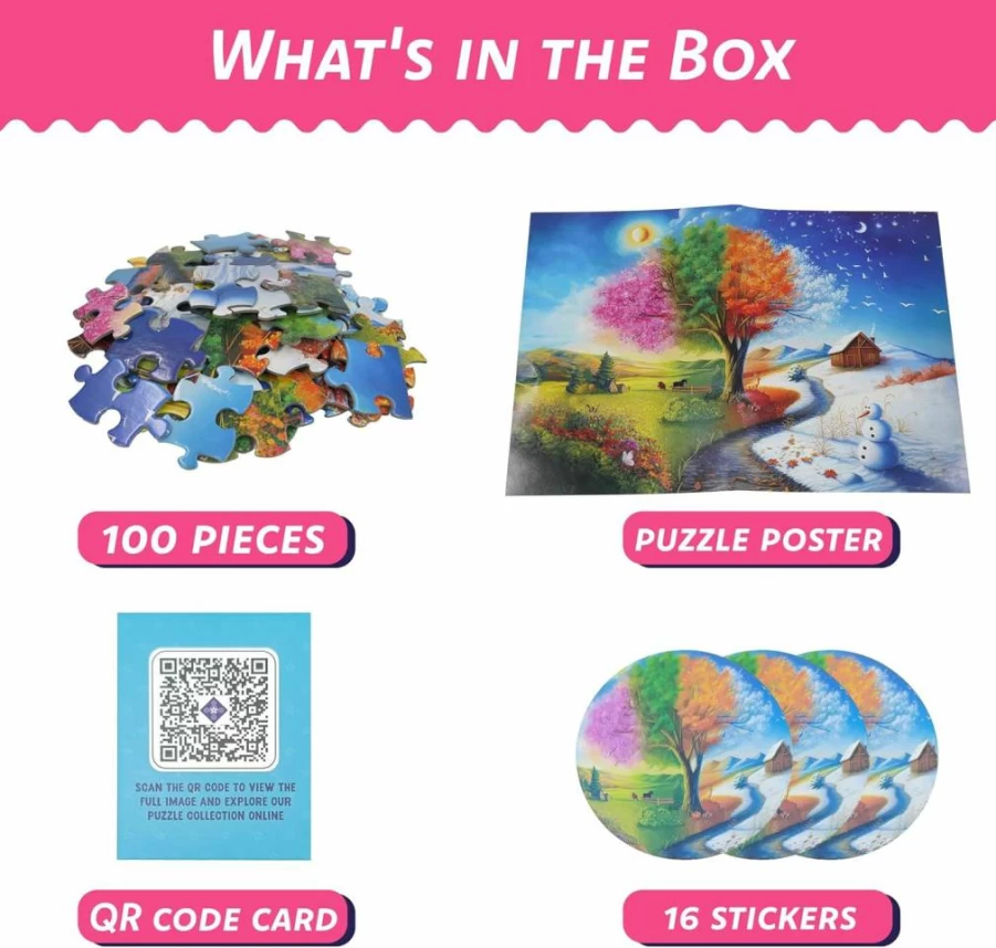 PuzzWiz 100-Piece Four Seasons Jigsaw Puzzle for Kids Ages 4-10 with 16 Bonus Stickers - Educational Learning Toys for Children & Adults - Perfect Birthday Gift for Boys and Girls